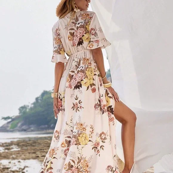 Apricot Boho Womens Floral Print Flounce Sleeve Ruffle Trim Wrap Knot Side Dress - Picture 3 of 5